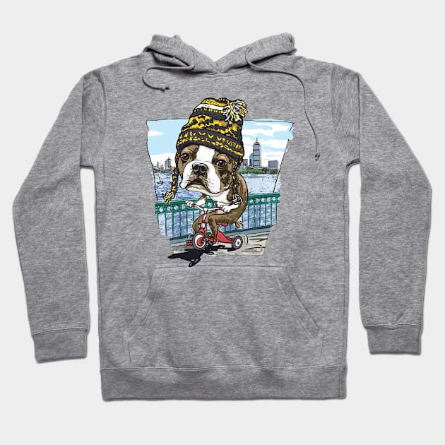 Boston Terrier Dog with Black and Yellow Winter Beanie Hoodie by Mudge